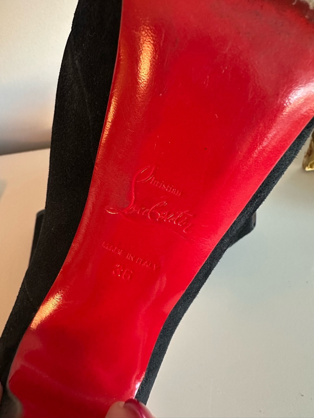 Christian Louboutin Black Suede Peep Toe Pumps with Iconic Red Sole - Picture 4 of 5